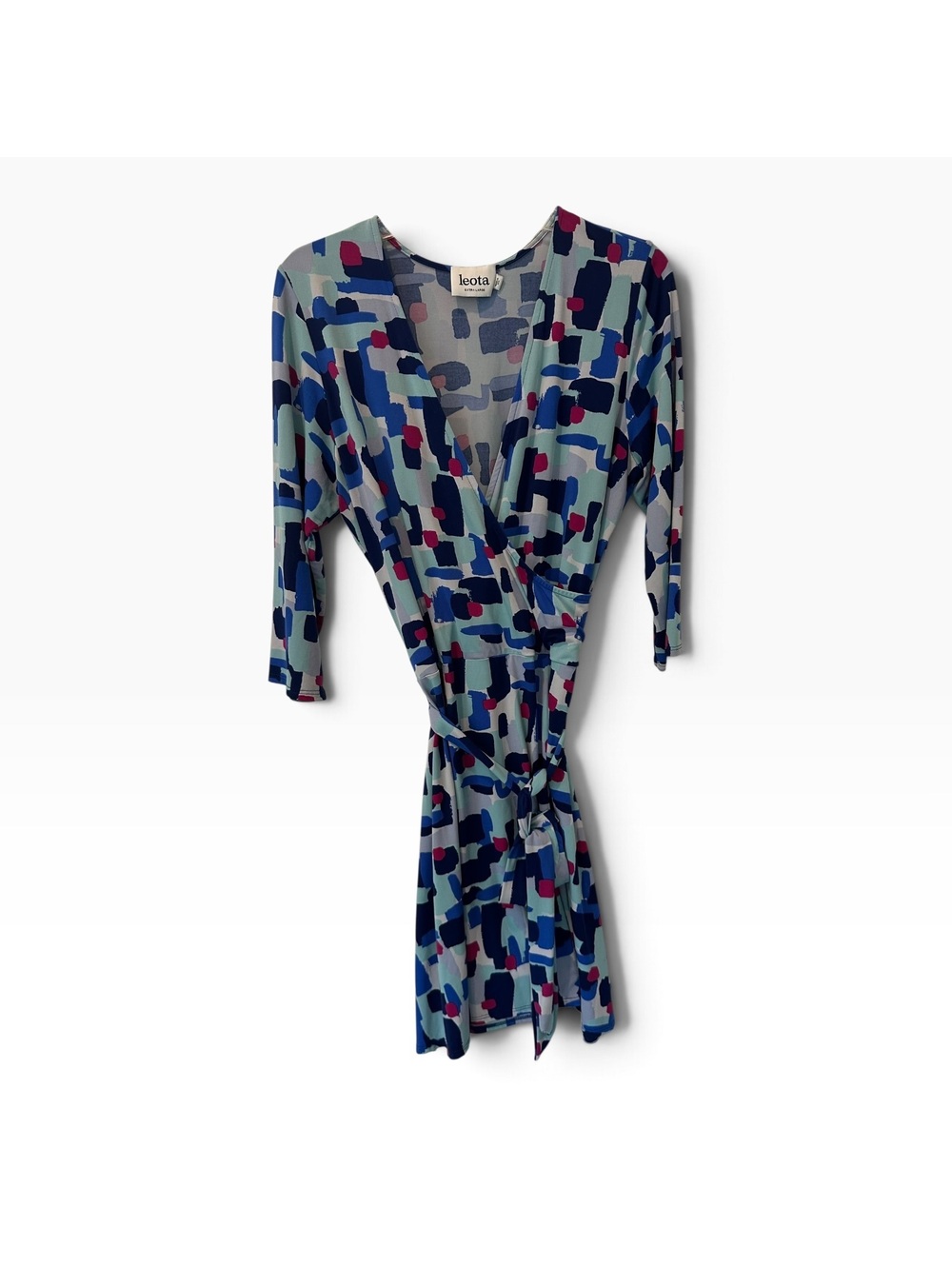 Leota XL Faux Wrap Dress Abstract Geometric Blue Pink 3/4 Sleeve Stretch Jersey